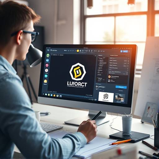 A designer working on a logo design on a large monitor, surrounded by sketches and design tools.