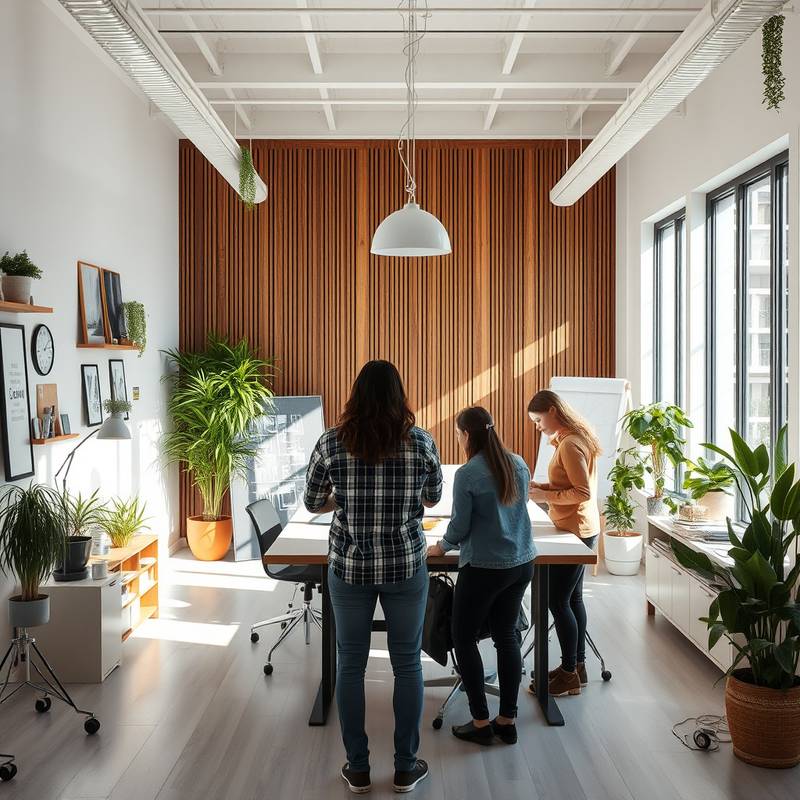 A modern and bright design studio office with designers working collaboratively.