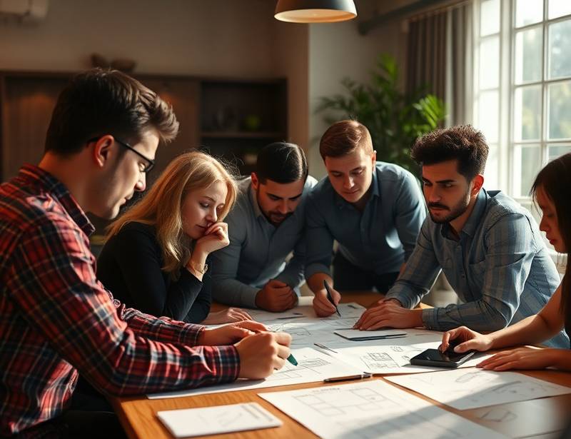 A team brainstorming brand strategies around a table covered with sketches and notes.