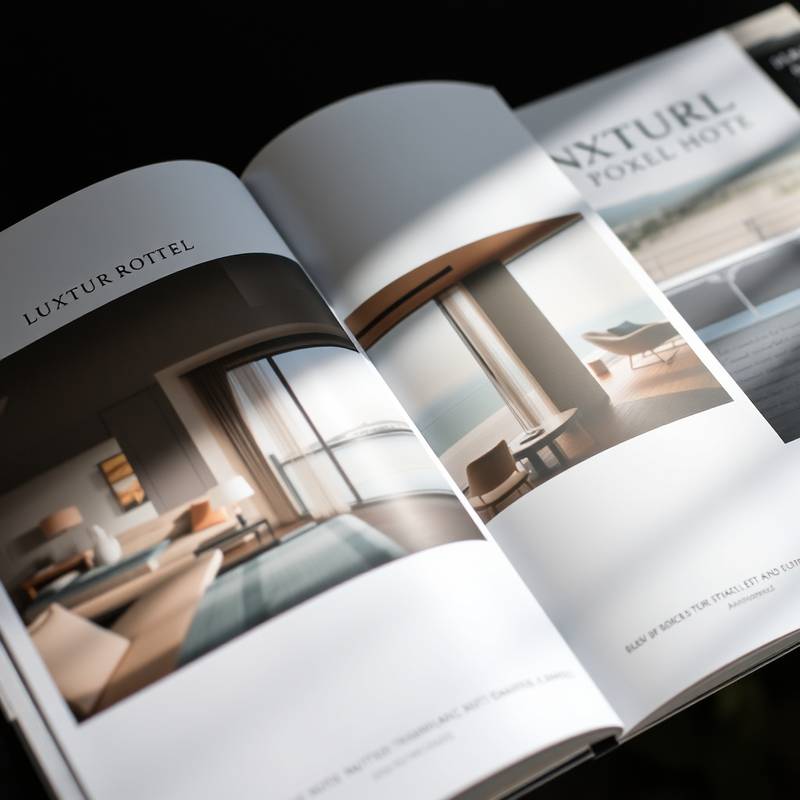 Brochure design for 'Grand Serenity', a luxury hotel, highlighting elegance and sophistication through imagery and typography.