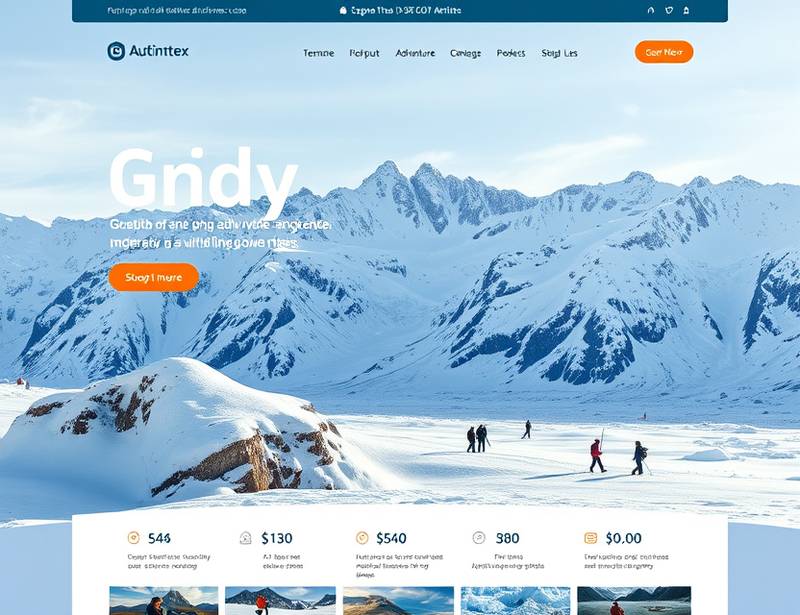 Website design for 'Arctic Adventures', an adventure tour operator, showcasing snowy landscapes and thrilling activities.