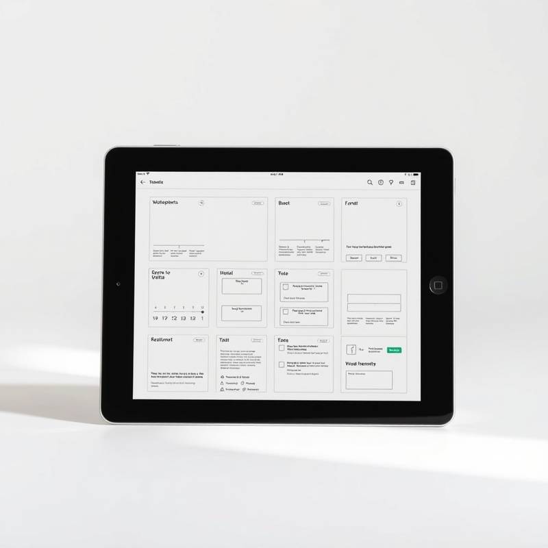 Wireframes displayed on a tablet, showcasing UI/UX design process.